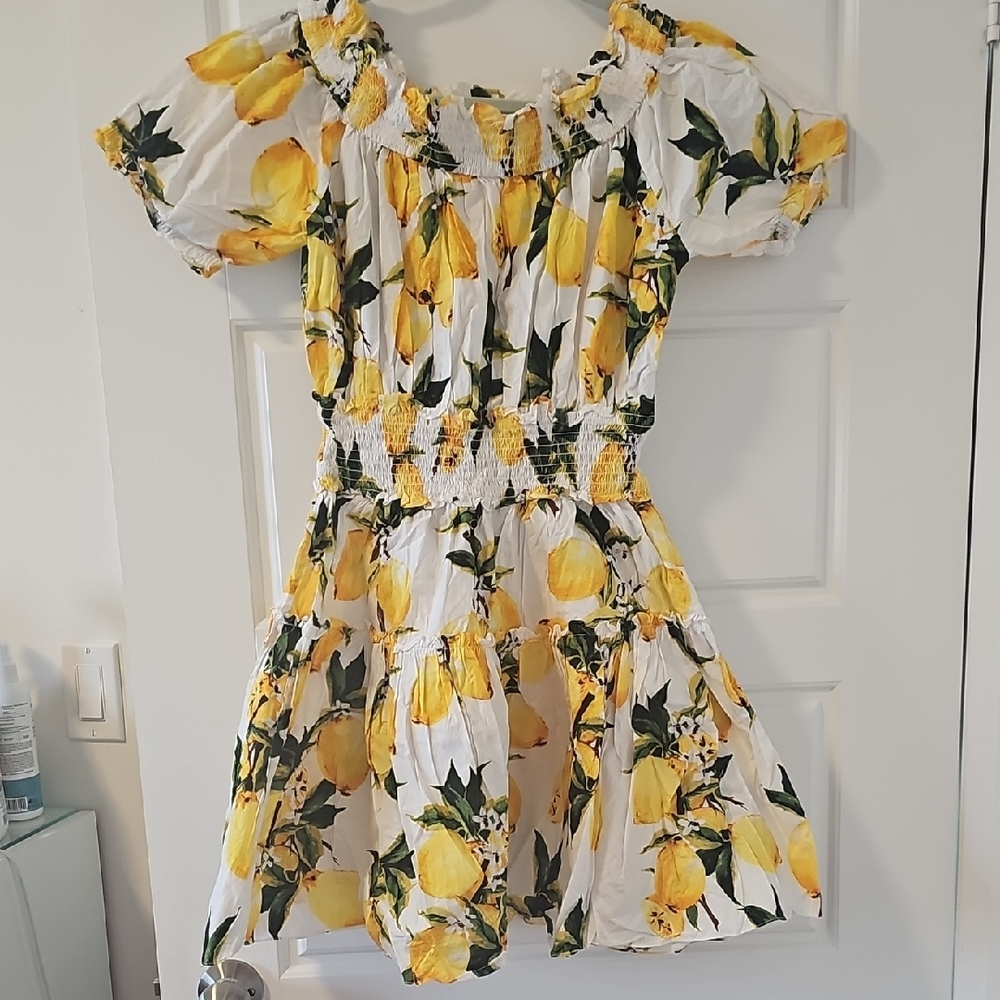 Yellow Lemon Print Smocked Dress